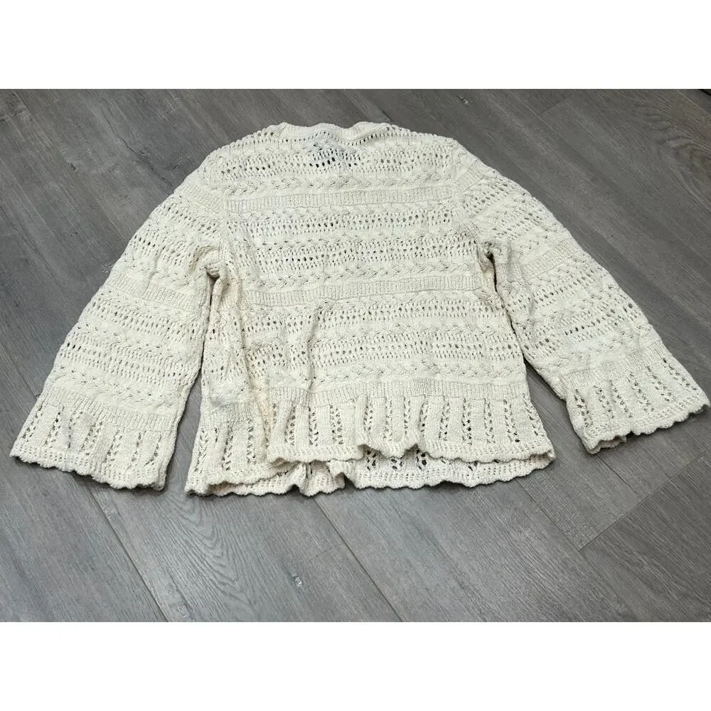 NWT‎ Madewell Womens Cream Relaxed Fit Cropped Scalloped-Trim Sweater Size Small